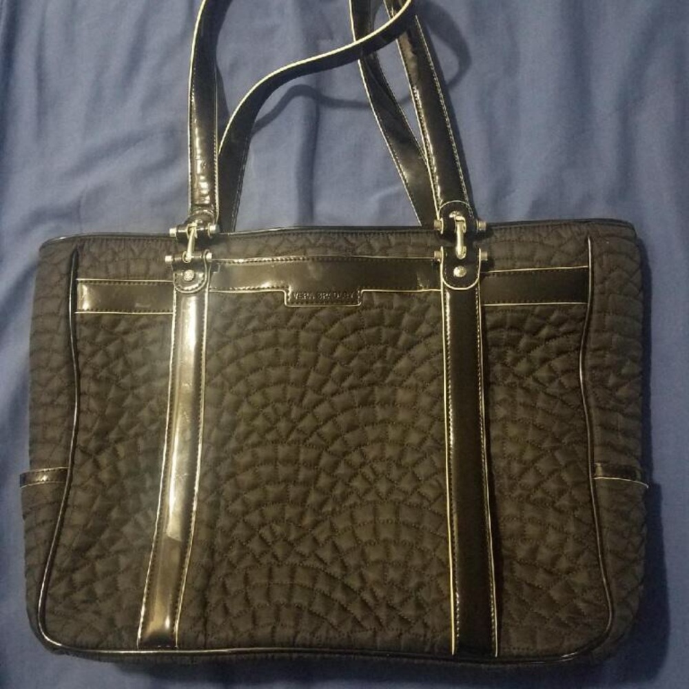 vera bradley black work tote with patent leather straps